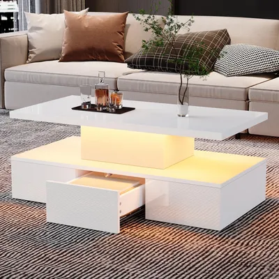 Image de OKWISH Table Basse Blanche - Table de Salon Moderne avec Éclairage LED 16 Couleurs, Tiroir Coulissant et Étagère Ouverte - 100x50x39 cm
