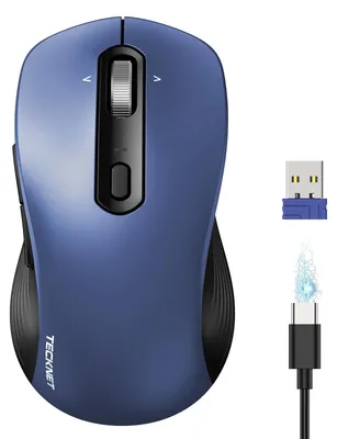Immagine prodotto di Mouse Bluetooth wireless, ricaricabile, con rotellina di scorrimento a 4 direzioni, 4800 DPI, 6 livelli di sensibilità, 6 pulsanti, tecnologia BT5 e BT3, compatibile con 3 dispositivi, ergonomica, colore blu