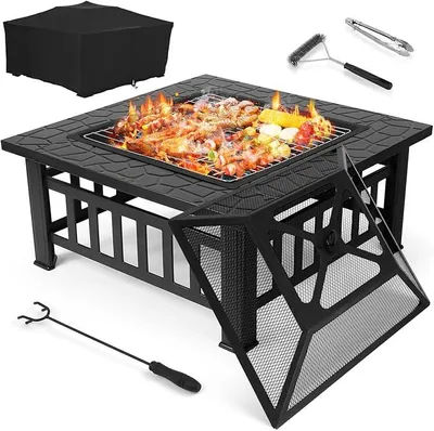 Imagen del producto de Hoguera con protección contra chispas, 81 cm, cesta para fuego 3 en 1 con rejilla para asar