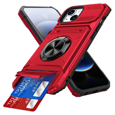 Produktbild von Dual Layer Hülle für iPhone 13 / iPhone 14 mit Kartenhalter, Magnetische Ring Ständer Militärschutz Stoßfeste Handyhülle Rot
