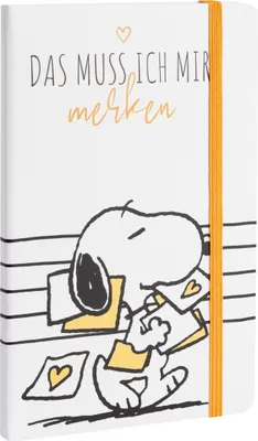 A notebook with a Snoopy illustration and German text.
