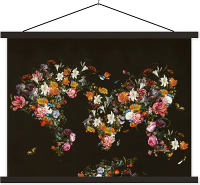 Produktbild von MuchoWow® Textilposter Weltkarte - Blumen - Insekten 150x113 cm mit schwarzem Rahmen - Wohnzimmer