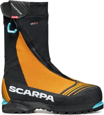 Bergschuh "Phantom 6000" von Scarpa in Schwarz und Orange mit blauen Akzenten; geeignet für Herren.
