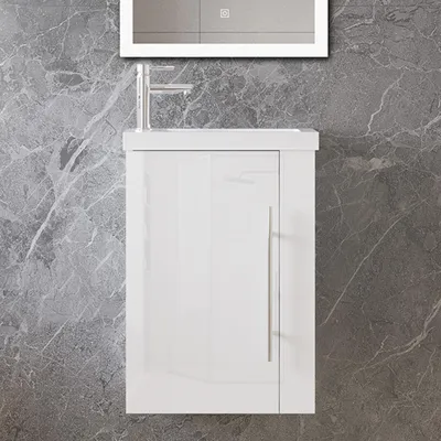 Produktbild von 45 cm Badmöbel Set Gäste WC Waschbecken mit Unterschrank Kleines Badezimmerschrank mit Soft Close Hochglanz Weiß