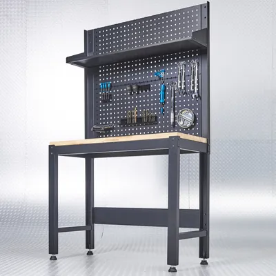 Produktbild von PREMIUM Werkbank 119 cm, Eichen-Arbeitsplatte doppelt lackiert & schallreduzierend, höhenverstellbar, inkl. Lochwand