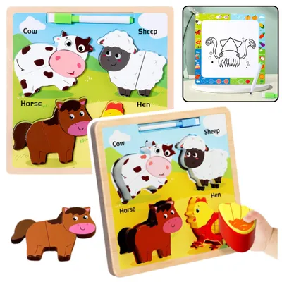 Productafbeelding van Puzzelbord 2in1 houten educatieve huisdierenmarkering