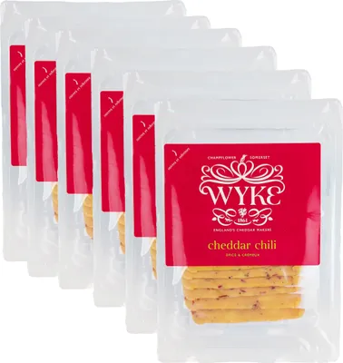 Produktbild von Food-United leicht scharfer YELLOW-CHEDDAR Cheese 6x160g in Scheiben mit Chili Cheddarkäse von WYKE-FARMS der englischer Hartkäse passt zu Burgern, Wraps, Toasties, Käseplatten, Saucen und Gratins
