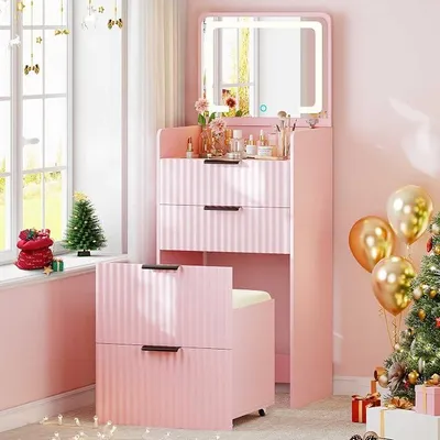 Productafbeelding van Make-up tafel met LED-spiegel, make-up tafel met 3 laden, met een beklede opbergruimte en een kruk, voor de slaapkamer (roze)