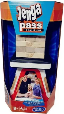 The Jenga Pass Challenge game packaging is shown, with the game components visible inside.