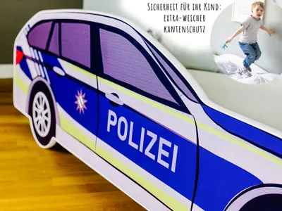 Produktbild von Autobett 80x160 cm Spielbett Kinderbett mit Rausfallschutz und Lattenrost 160x80 cm Bett Kinder Polizei Auto Wagen
