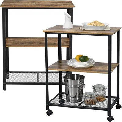 Produktbild von Servierwagen auf Rollen mit Ablage Beistellwagen 76,5x60x40cm Allzweckwagen Rollwagen Schwarz/Holzfarben