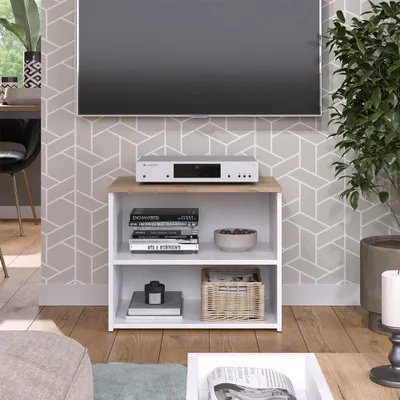 A lowboard with a TV and media console in a living room setting.
