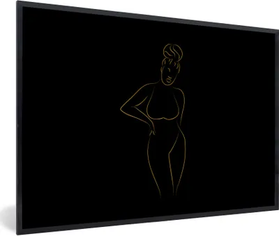 Produktbild von MuchoWow® Gerahmtes Poster Frau - Schwarz - Gold - Strichzeichnung 90x60 cm - Poster mit Schwarzem Bilderrahmen Wandposter Rahmen Foto Bilder - Fotorahmen - Foto-Plakat
