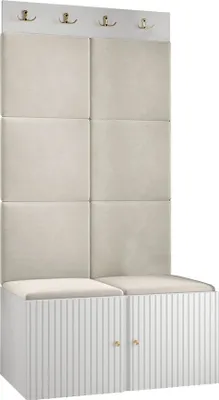 Produktbild von MIRJAN24 Garderoben-Set Orion Ryfel Slim IV, Schuhschrank, Kleiderhakenbrett, 8x Paneel 42x42, Metallgriffe, 4 Kleiderhaken (Farbe: Weiß, Manila 02)