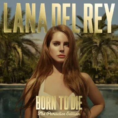 Lana Del Rey posing in front of palm trees and a pool, with album title text.