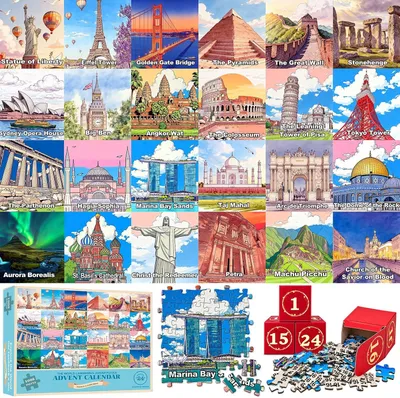 Obrázok produktu pre Vianočný kalendár 2026 – Sada puzzle pre deti s motívom svetoznámych pamiatok – 1008 dielikov – 70 x 50 cm – 24-dňový vianočný kalendár