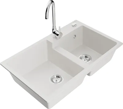 Produktbild von Mexen Tomas 2-Becken-Granitspüle mit Mischbatterie Telma, Weiß - 6516-20-670200-00