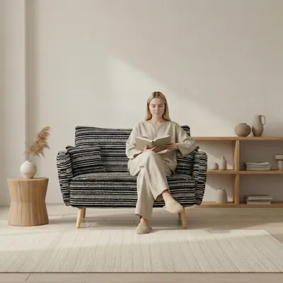 A woman is reading a book while sitting on a striped armchair in a well-lit room.
