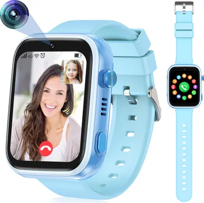 Produktbild von （Blau）Kinder-Smartwatch 4G mit GPS und Telefon, Smartwatch Kinder mit WLAN-Videoanruf-Kamera SOS, IP67 Wasserdichte Kinder-Smartwatch mit GPS-Echtzeitortung, Musik-Video-Player, Alarm