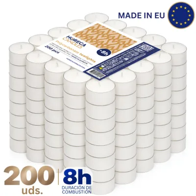 Imagen del producto de Velas para té, 200 unidades, tiempo de combustión de 8 horas, color blanco, sin fragancia, con recipiente de plástico transparente. Ideales para decoración de bodas, celebraciones y restaurantes