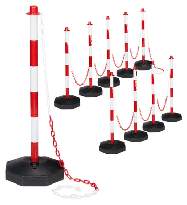 Productafbeelding van Relaxdays Afsluitpalen, set van 10, met ketting, kunststof, voet kan gevuld worden, hoogte x breedte x diepte: 82x28x28 cm, kettingpalen, rood/wit