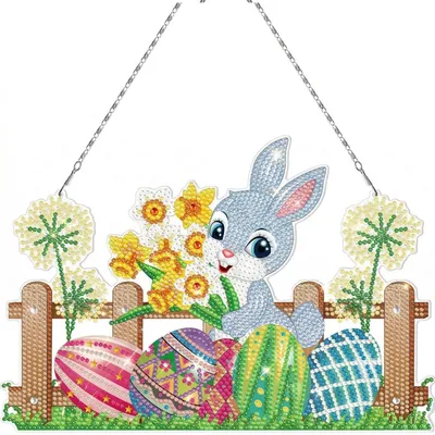 Productafbeelding van Diamantverfset, Paashaas, hanger, acryl, 5D, paaseieren, bloemenkrans, knutselset, 28,5 x 19 cm