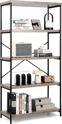 Produktbild von COSTWAY Bücherregal mit 5 Ebenen, Standregal mit Metallrahmen, freistehendes Regal, Büroregal für Wohnzimmer, Schlafzimmer, Arbeitszimmer, 79 x 35 x 160 cm, Industrie-Design (Grau)