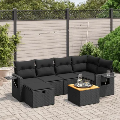 Image de vidaXL Ensemble de salon de jardin 7 pièces avec coussins noir poly rotin