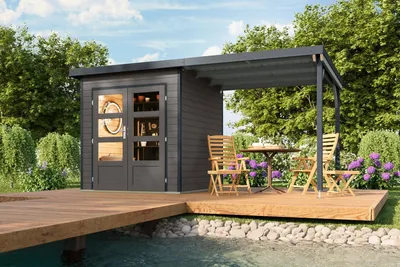 Produktbild von Karibu Gartenhaus Hybridhaus Metall Pluto 1 terragrau Metall anthrazit 428x200x219 cm