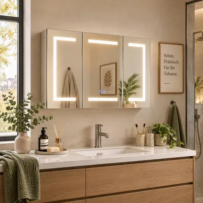 Productafbeelding van Spiegelschaaf voor de badkamer met LED-verlichting, 100x60 cm, 3 deuren. Badkamerspiegelkast met touchbediening, 3 lichtkleuren, verstelbare compartimenten, wit