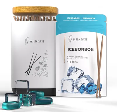Produktbild von Wunder Zahnstocher - 1x Eisbonbon Refill Wunderzahnstocher mit Geschmack 100 Stück + 1x Zahnstocherspender für deinen Lifestyle