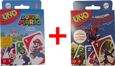 Obrázok produktu pre UNO Super Mario a The Amazing Spider-Man, sada 2, kartová hra, 112 kariet, návod na hru, 2-10 hráčov, pre deti, mládež, dospelých