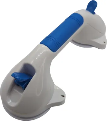 A white and blue suction cup grab bar for bathrooms.