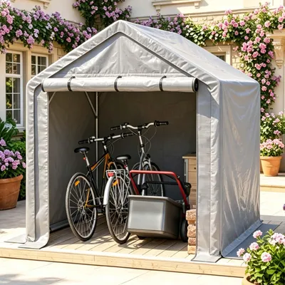 Produktbild von Fahrradgarage 190x170x200 cm aus 170G PE, wasserdicht, mit verzinktem Stahlrahmen und aufrollbarer Reißverschlusstür, Dunkelgrau