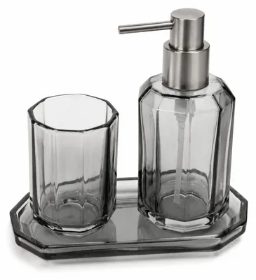 Produktbild von 3-teiliges Badaccessoires Set aus Glas, Seifenspender mit Pumpspender, Zahnputzbecher & Ablageschale für Waschtisch Stein Grau