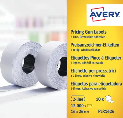 Produktbild von Avery Zweckform PLR1626, Preisauszeichner-Etiketten, 2-zeilig, 26 x 16 mm, 12.000 Etiketten / 10 Rollen, weiß