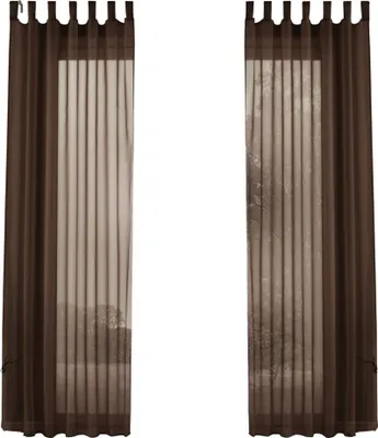 Two brown sheer curtains hanging against a white background.