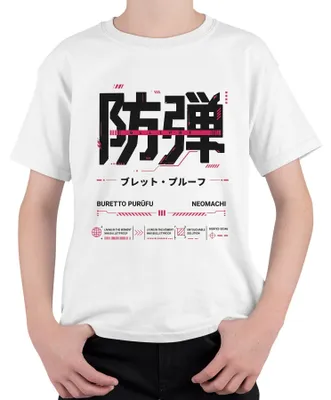 Obrázek produktu pro Tričko s potiskem "BLLTPRF Bulletproof Cyberpunk Neomachi Japan Streetwear Y2K Anime", bílé barvy, velikost 152