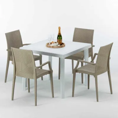 Produktbild von Weiß Quadratisch Tisch und 4 Stühle Farbiges Polypropylen-Außenmastenset Grand Soleil Arm Bistrot Love - Beige
