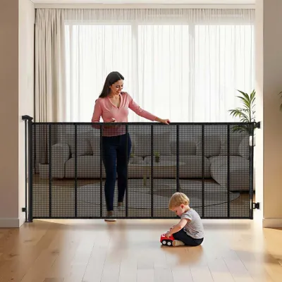 Zdjęcie produktu dla Rozsuwane ogrodzenie dla dzieci - Rozsuwane do 515 cm szerokości / 99 cm wysokości - Ogrodzenie dla psa z paskami z włókna szklanego - Siatkowe ogrodzenie ochronne na patio, drzwi, garaże