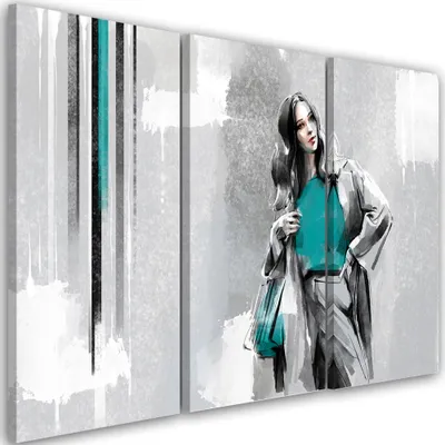 Image de Triptyque sur toile Femme en manteau 60 x 40 cm Feeby Argent Tableau mural prêt à accrocher