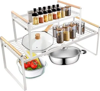 Produktbild von Unyqoos® 2er-Set freistehendes Küchen- & Gewürzregal aus Metall, weiß – Arbeitsplatten‑Organizer 50,2×21,5×21 cm + 32,5×21,5×21 cm