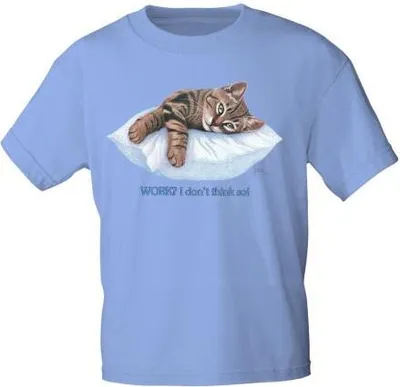 Produktbild von Kinder T-Shirt mit Print Cat Katze ruhend auf Kissen KA072/1 Gr.122-164 Color - hellblau Größe - 152/164