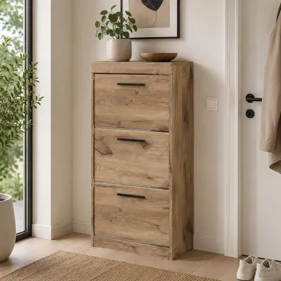 Produktbild von Flur Schuhschrank 54 cm breit in Eiche mit 3 Klappen - GRAHAM-129