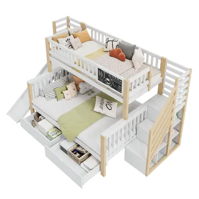 Produktbild von Hausbett, Kinderbett, Etagendoppelbett, multifunktionales Kinderbett, mit Treppe und Aufbewahrungsschränken, Mit Rutsche und kleiner Tafel