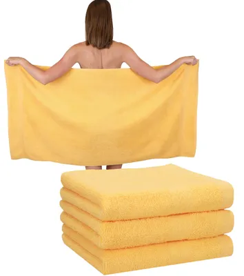Produktbild von Betz 4 Stück Duschtücher 70 x 140 cm PREMIUM 100% Baumwolle Liegetuch Strandtuch Farbe: honiggelb