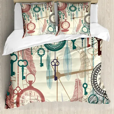 Produktbild von ABAKUHAUS Antiquität Bettbezug Set, Taschenuhren Mit Feder Und Alten Schlüssel Tragbare Zeit Fliegt Kunst Thema, 200 x 200 cm + 80 x 80 cm, Mehrfarbig