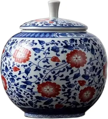 Imagen del producto de Recipiente hermético para la cocina. Tapa de cerámica azul de alta calidad. Tarro redondo para el hogar, ideal para guardar té a granel. Tarro de cerámica multifuncional, vacío, para té (tamaño mediano)