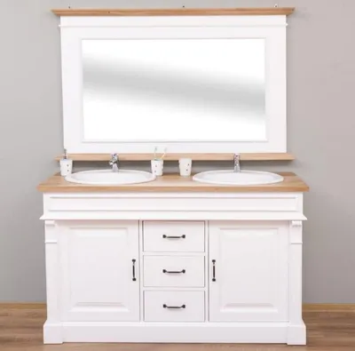 Image de Casa Padrino Ensemble de salle de bain de style rustique blanc / naturel - 1 double vasque & 1 miroir mural - Meubles de salle de bain en bois massif de style rustique