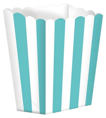 Produktbild von 5 Popcorn-Boxen aus Pappe, gestreift Minzgrün + Weiß, 9 x 13 cm für Partys -